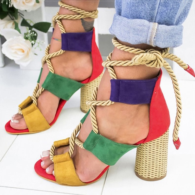 New Women Sandals Lace Up Summer Shoes Woman Heels Sandals Pointed Fish Mouth Gladiator Sandals Woman Pumps Hemp Rope High Heels