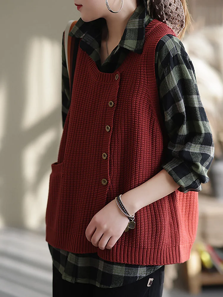 Plus Size Women Spring Knitted Button Sleeveless Vest Waistcoat Sweater
