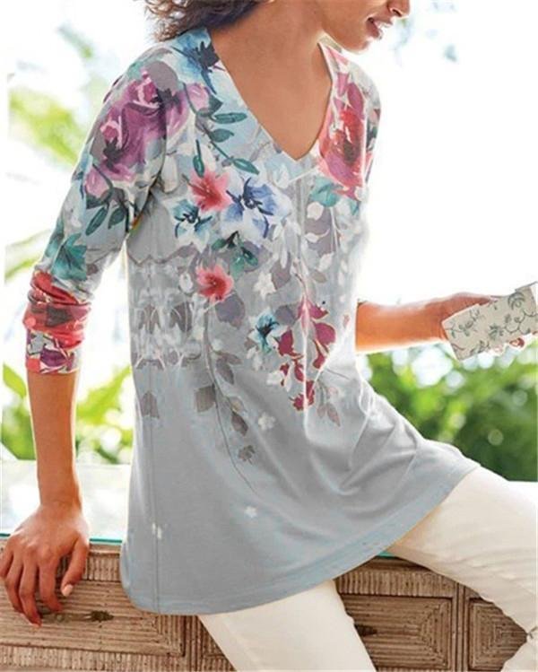 women flora printed v neck holiday fall daily casual blouse p104808