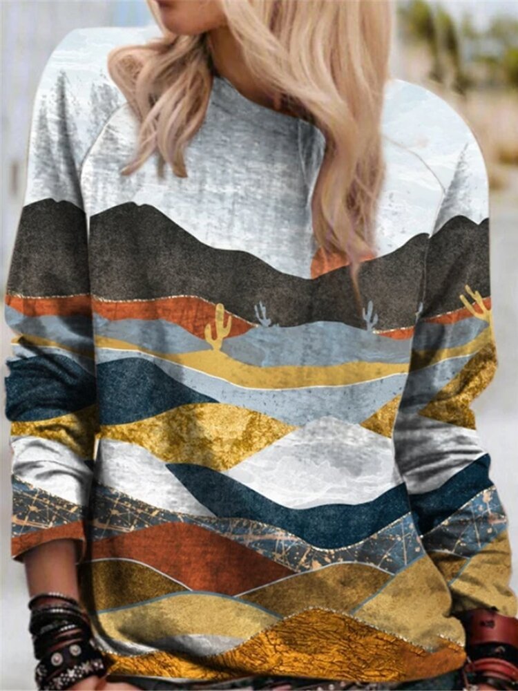 Landscape Print Multi color Print Long Sleeve Blouse For Women P1735219