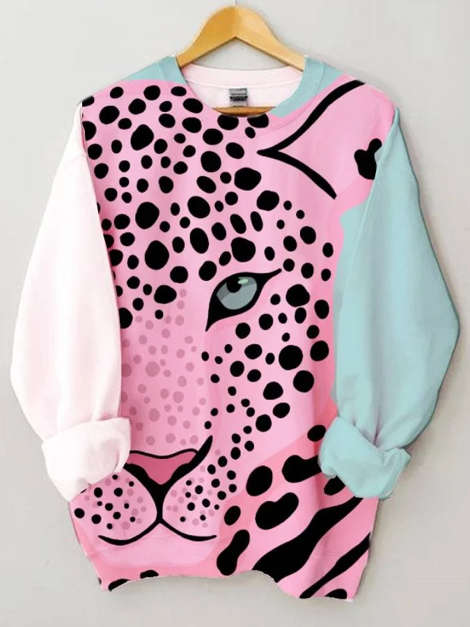 Women's Cheetah Contrast Print Long Sleeve Round Neck Sweatshirt socialshop