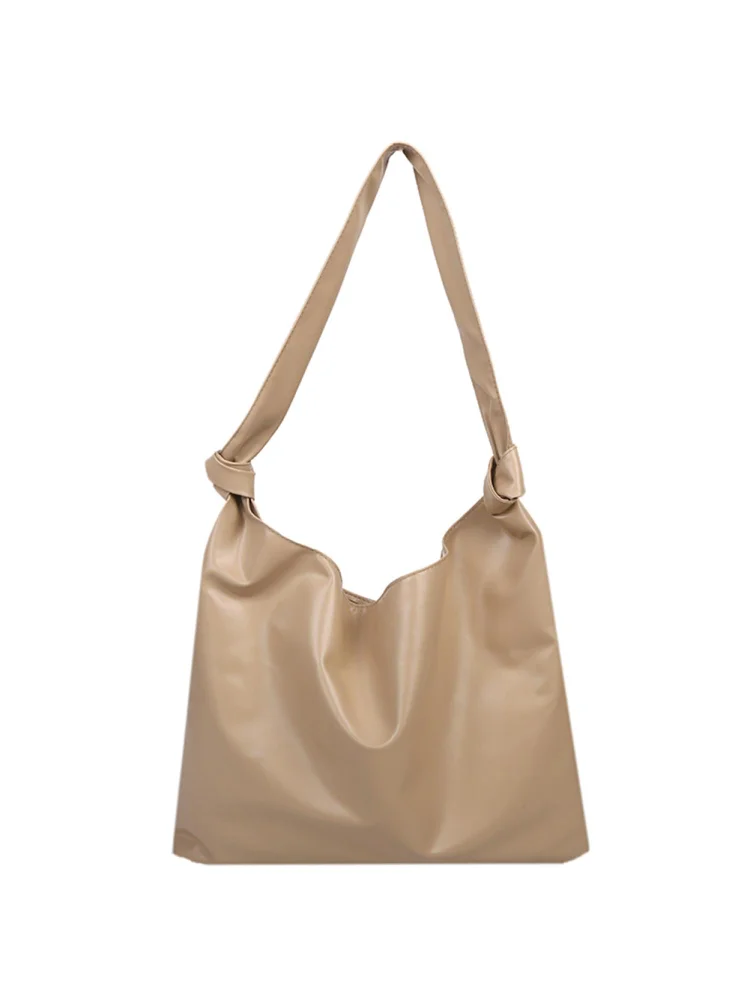 Retro Women Casual PU Solid Color Large Capacity Shoulder Tote Bag (Camel)