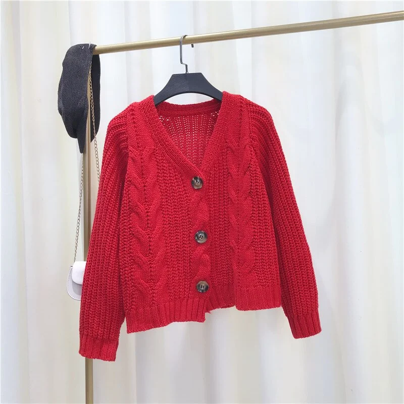Women Cardigans New Fashion Solid Lantern Long Sleeve V-neck Twist Knitted Short Sweaters Korean Colorful Sweet Students Outwear