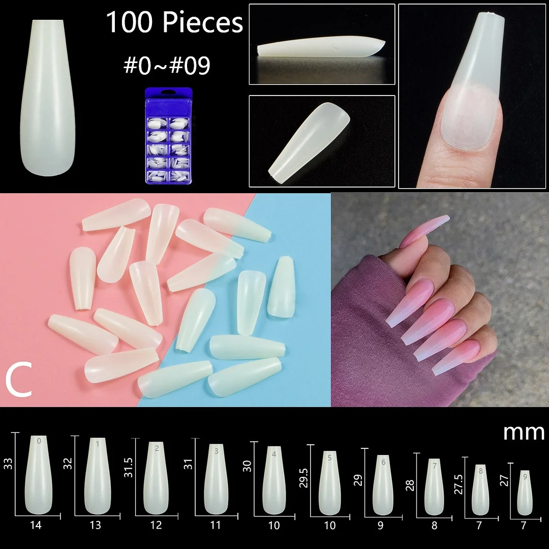 100pcs/set 10 Sizes Full Cover False Nail Tips Ballerina Coffin Fake Nails Square Stiletto French Acrylic Press On Nails-Nail Inspo