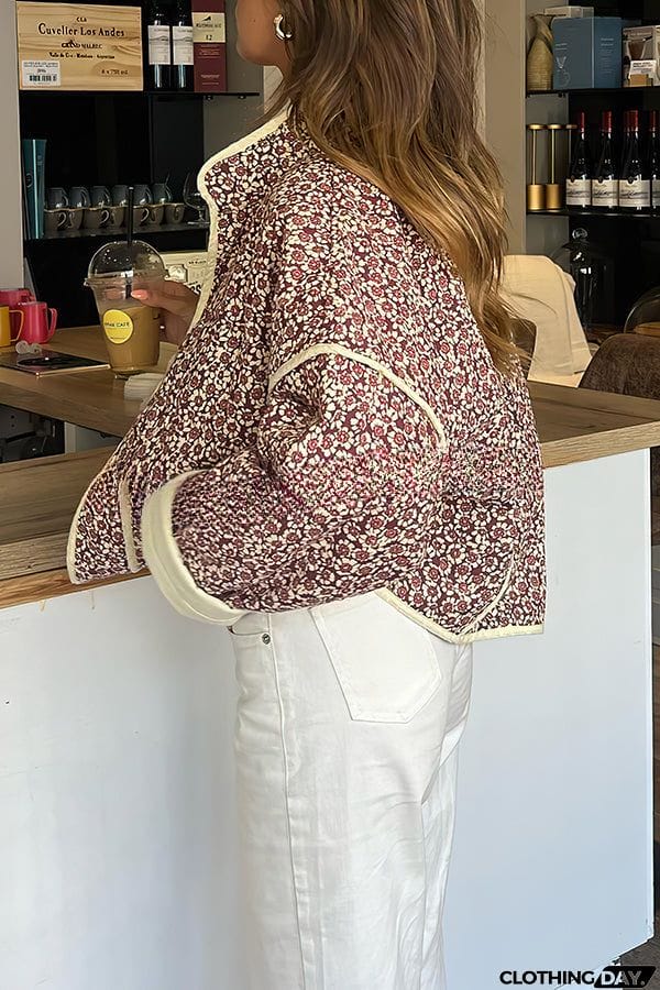 Floral Print Pocket Contrast Concealed Button Cotton Coat