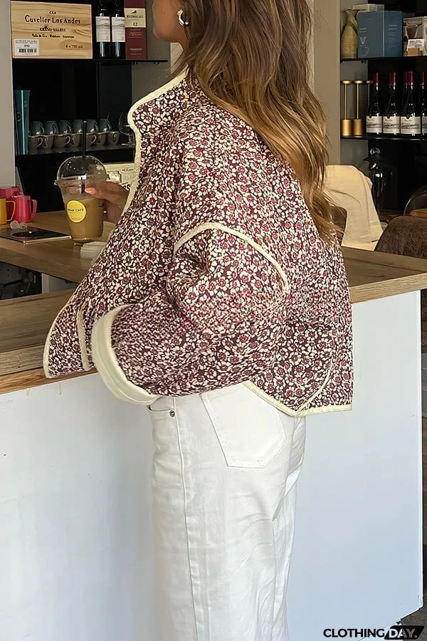 Floral Print Pocket Contrast Concealed Button Cotton Coat