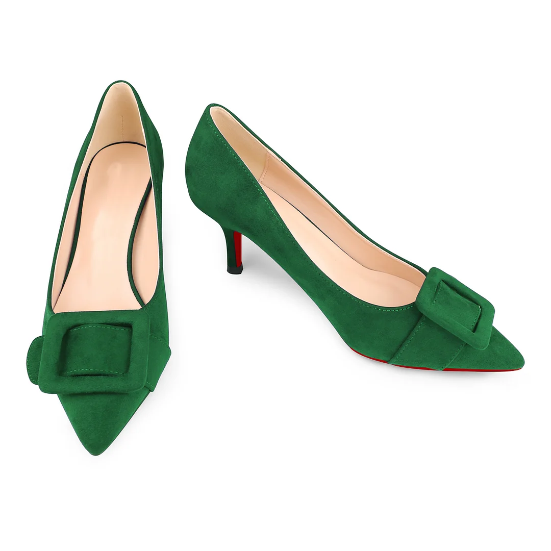 60mm Pointed Toe Square Buckle Decoration Red Bottom Kitten Heels Daily Pumps for Women Suede-MERUMOTE