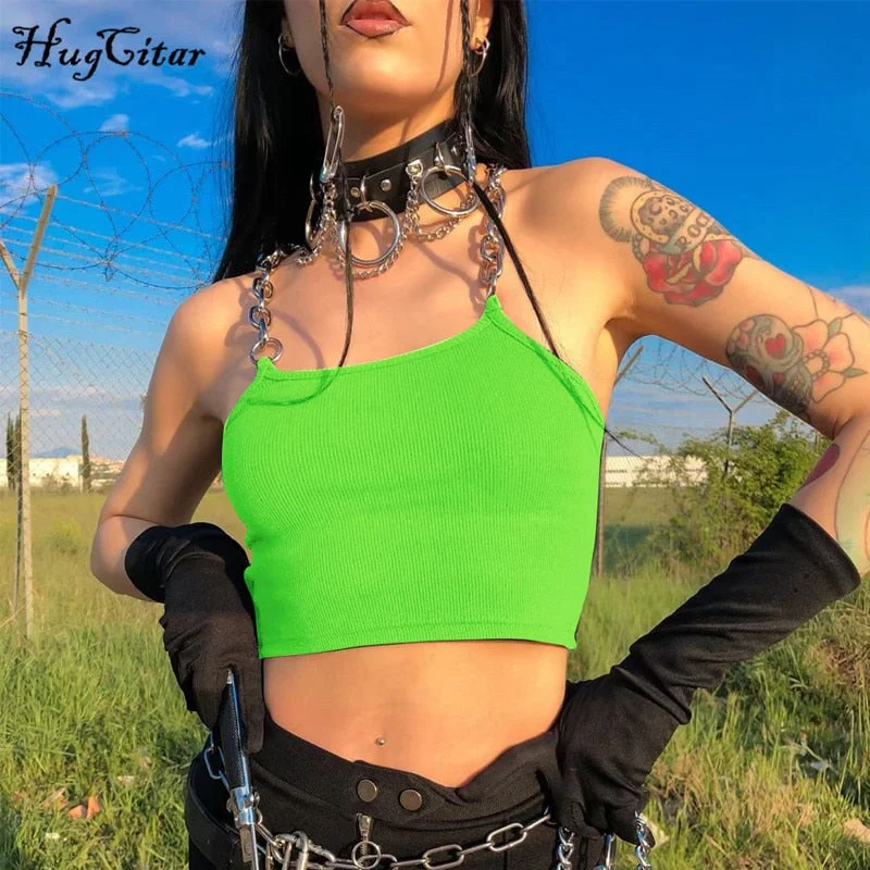 Hugcitar chains spaghetti straps neon green Canale patchwork sexy camis 2021 summer women club party streetwear female crop top