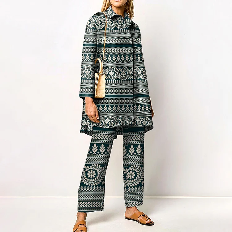 Ethnic Print Long Sleeve Two Piece Set