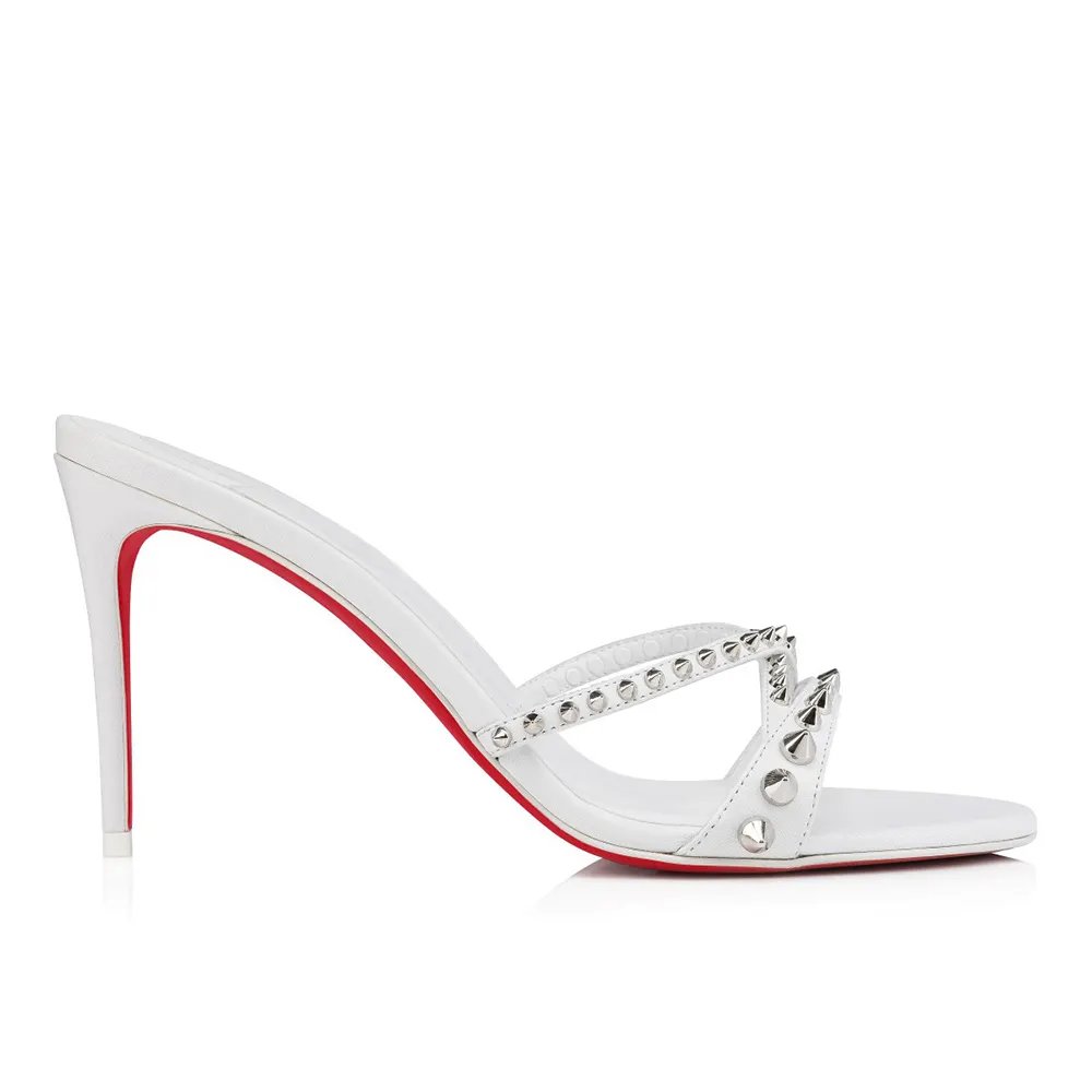 85mm Women's Sandals Pointed Toe Rivet Mules Red Bottom Heels Slip on Stilettos-vocosishoes