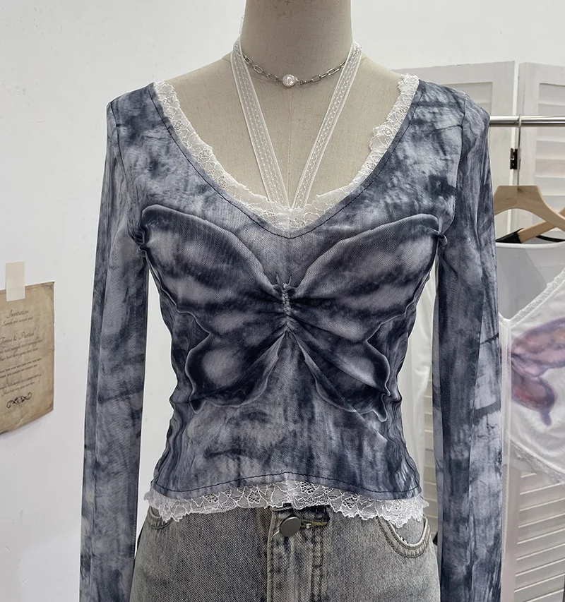 Nigikala Nigikala Shot Micro-Permeable Mesh Butterfly Print Splicing Lace Hanging Neck Horn Long-Sleeved T-Shirt Repair Short Top 1286
