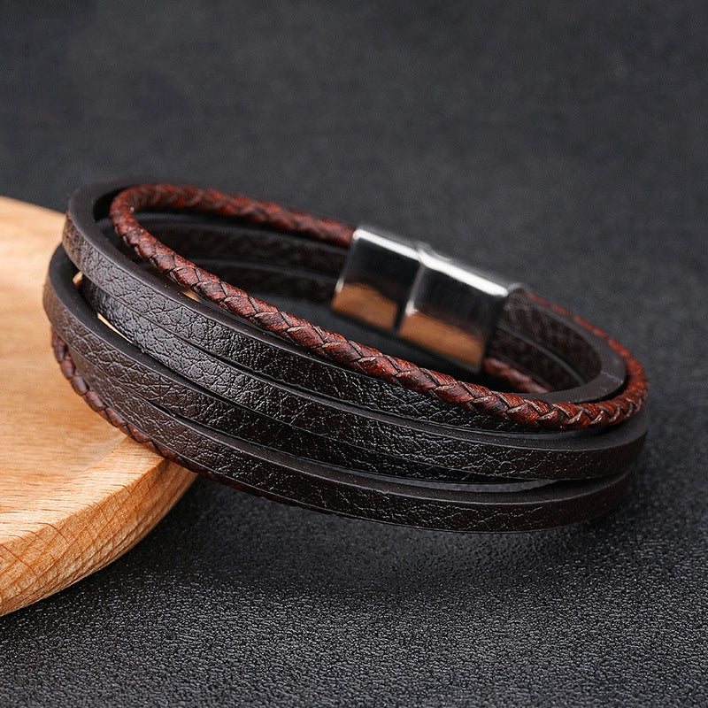Retro Minimalist Solid Color Pu Leather Alloy Magnetic Buckle Layered Plating Men’s Bracelets Men Cord & Leather Bracelets