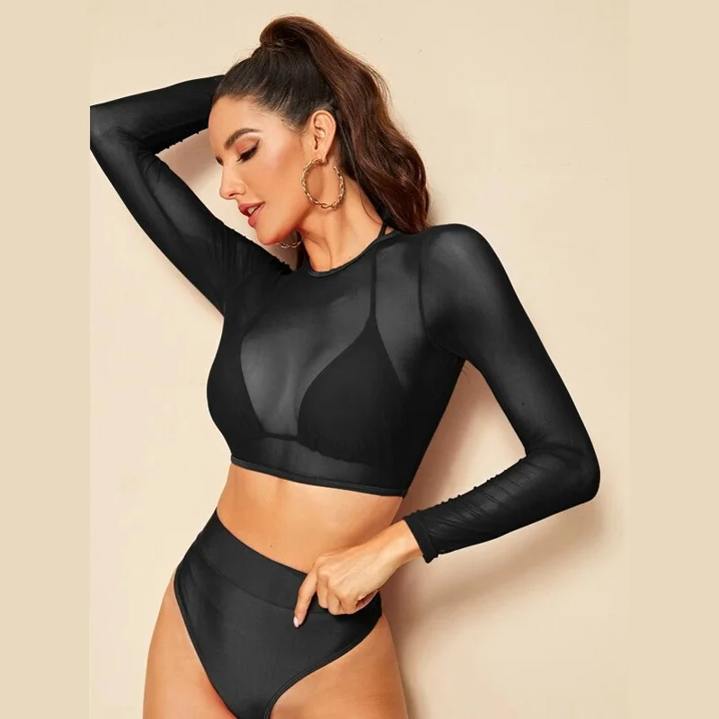 Wongn Wongn Sleeve Smock Mesh Bikini Swimsuit Split High Waist Triangle Three Piece Swimsuit 2023