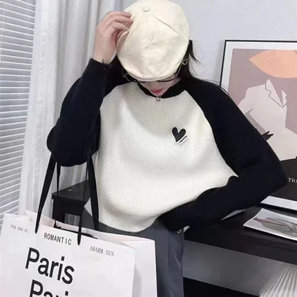 Toloer Toloer Sleeve Love Bottom Sweater Female Autumn Winter 2024 New Small Lazy Wind Loose Spell Color Knit Top-Outfit Ideas