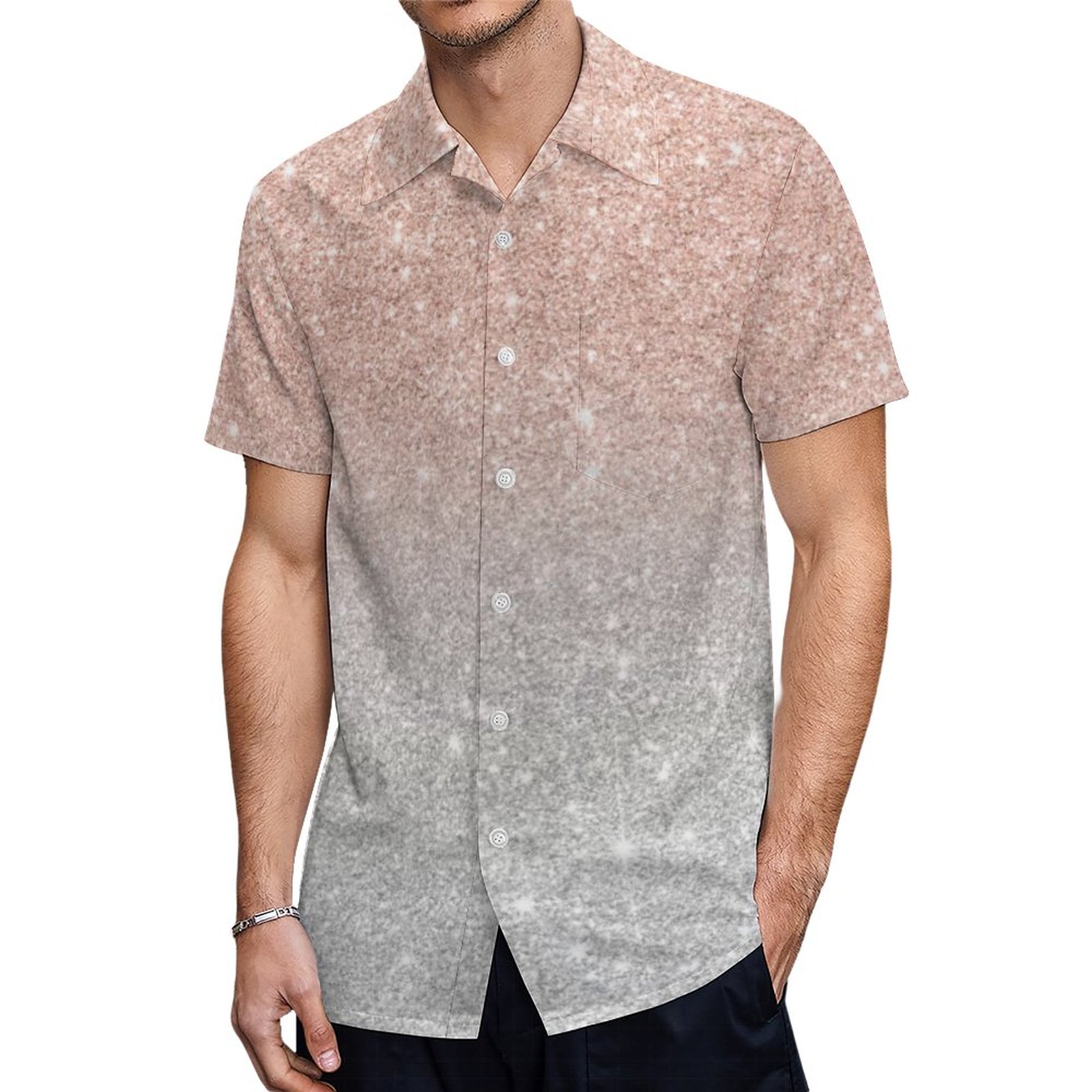 Trendy Rose Gold Glitter Ombre Silver Glitter Hawaiian Shirt Mens Button Down Tropical Hawaii Beach Shirts