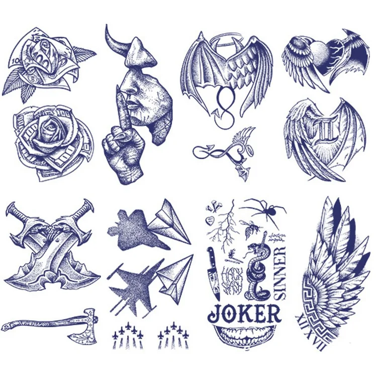 8 Sheets Devil Wings Axe Plane Semi-Permanent Tattoo Stickers