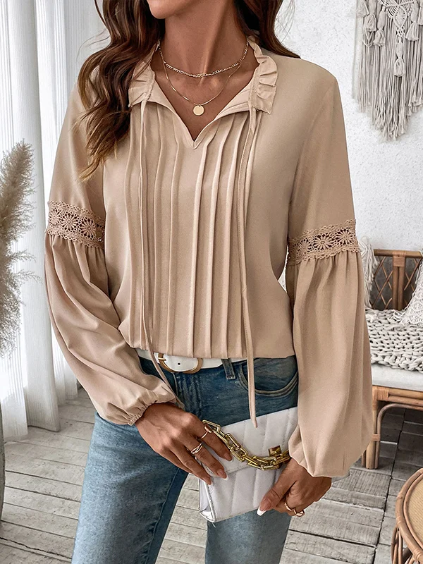 Pleated Solid Color Split-Joint Long Sleeves Loose V-Neck Blouses&Shirts Tops