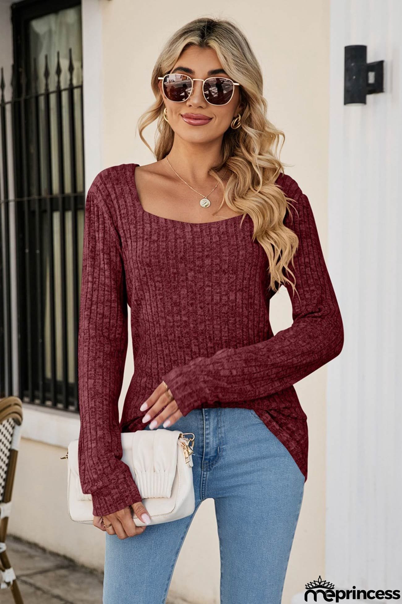 Casual Square Neck Ribbed Sweater