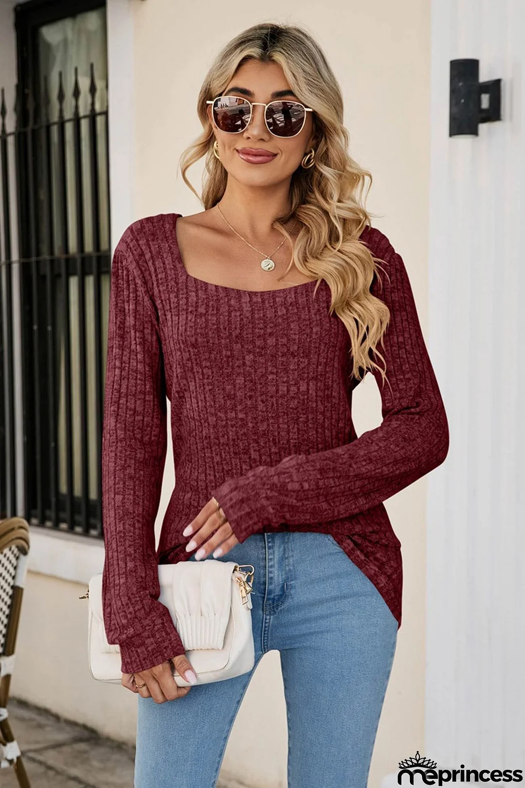 Casual Square Neck Ribbed Sweater