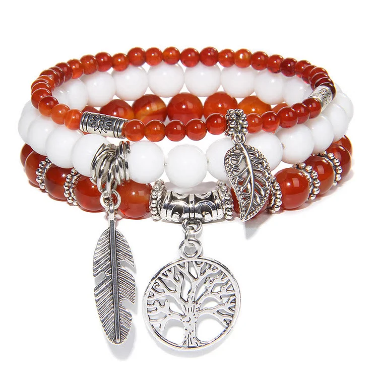 Olivenorma "Nature's Healing Moments" Red Agate Tree Of Life 3 Pieces Bracelet Set