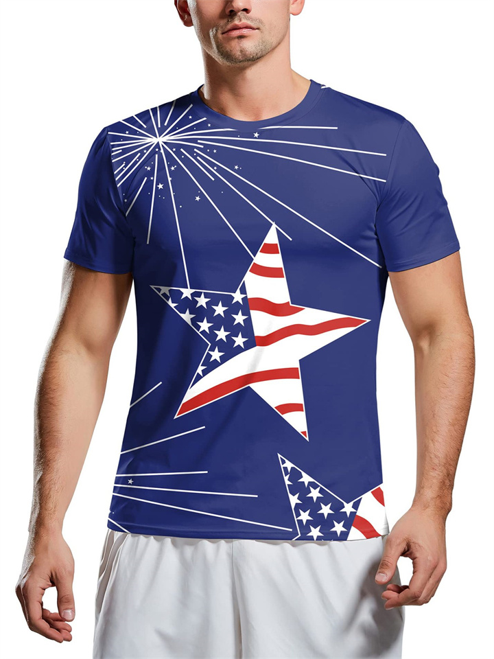 Casual Short Sleeve Men's T-Shirt Round Neck American Independence Day Print Blue Red