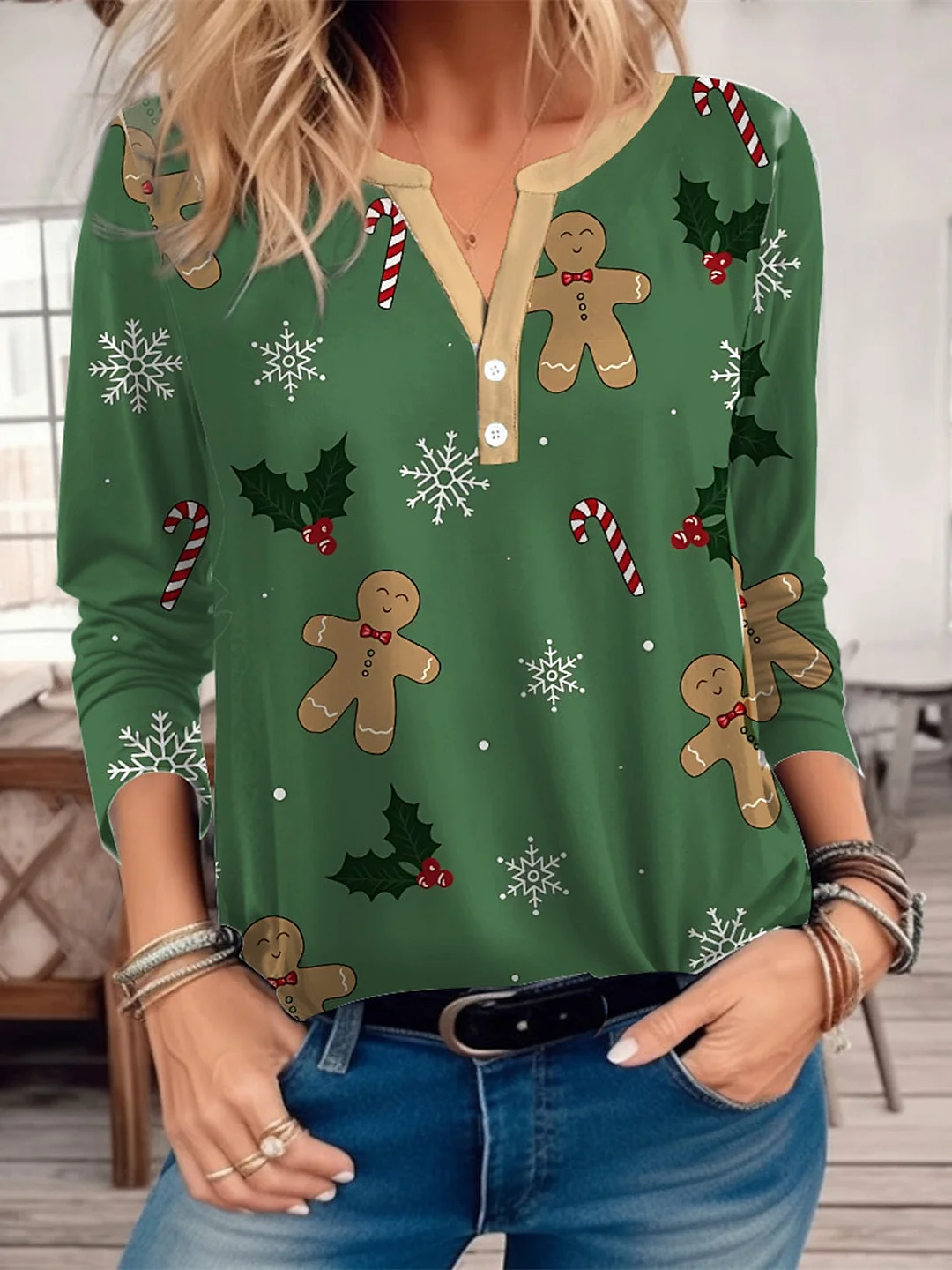 Women's Christmas Geometric Graphic Printed Buttons Long Sleeve V-neck Top