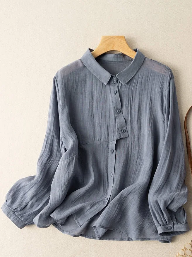 Loose Vintage Solid Long-Sleeved Ramie Shirt