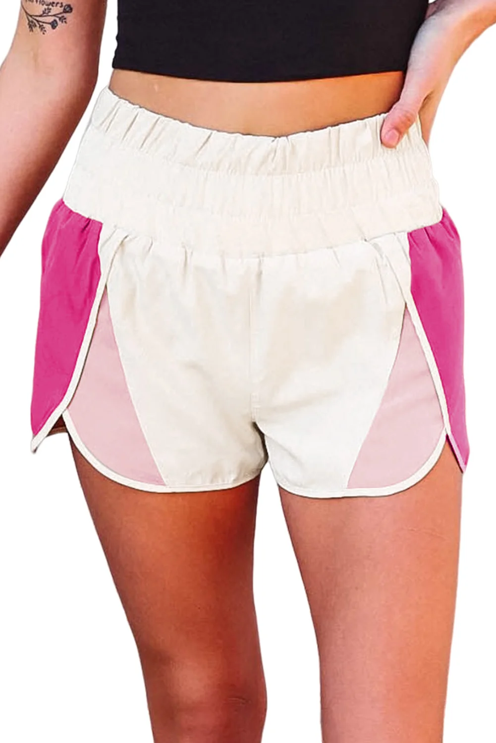 Pink Color Block Split High Waist Shorts
