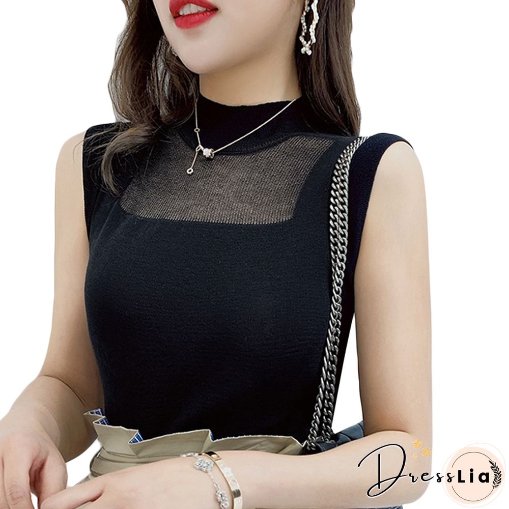 Hollow Out Sleeveless Women Knitted T Shirts Turtleneck Black Lace Sexy Lady Vest T Shirts Pink Loose Summer Thin Knit Tops