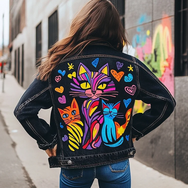 VChics Women's Pop Art Cat Design Denim Jacket