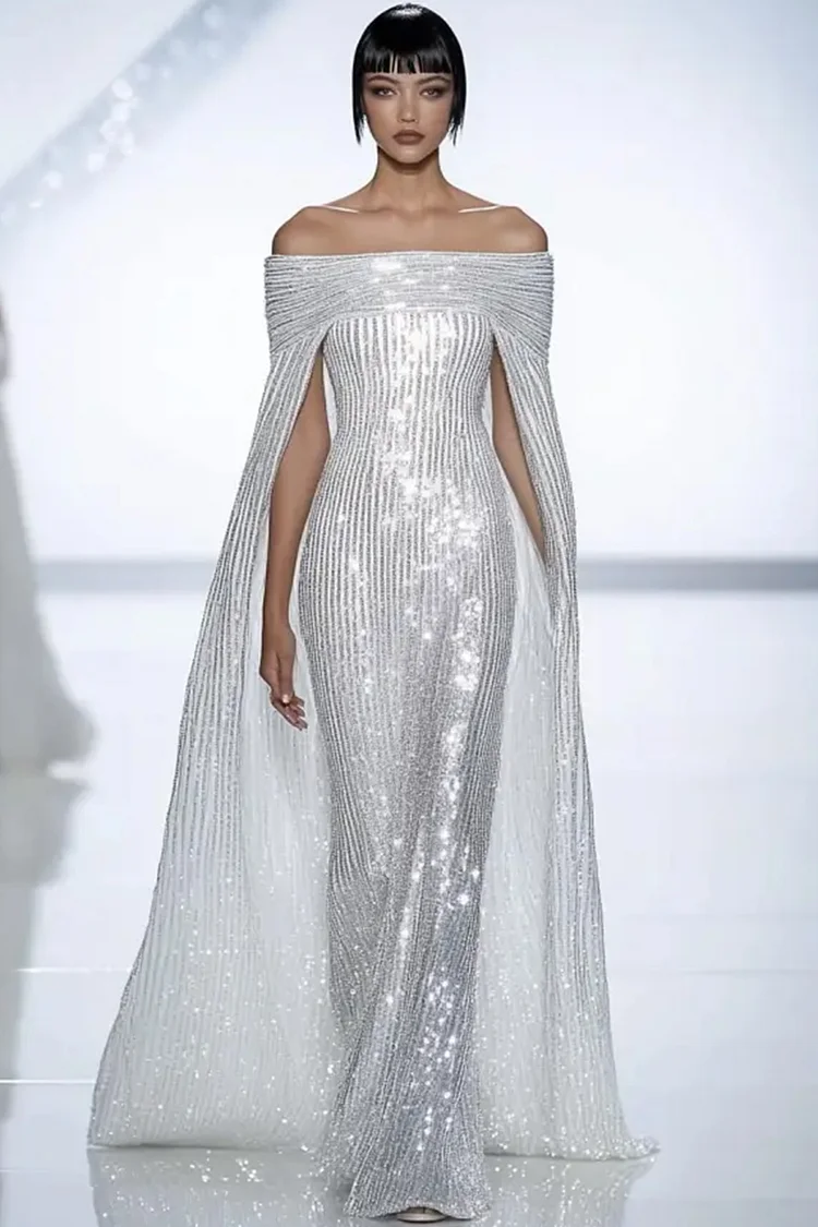 Sequin Off The Shoulder Cape Sleeve Maxi Dress-Silver [Custom-Made]