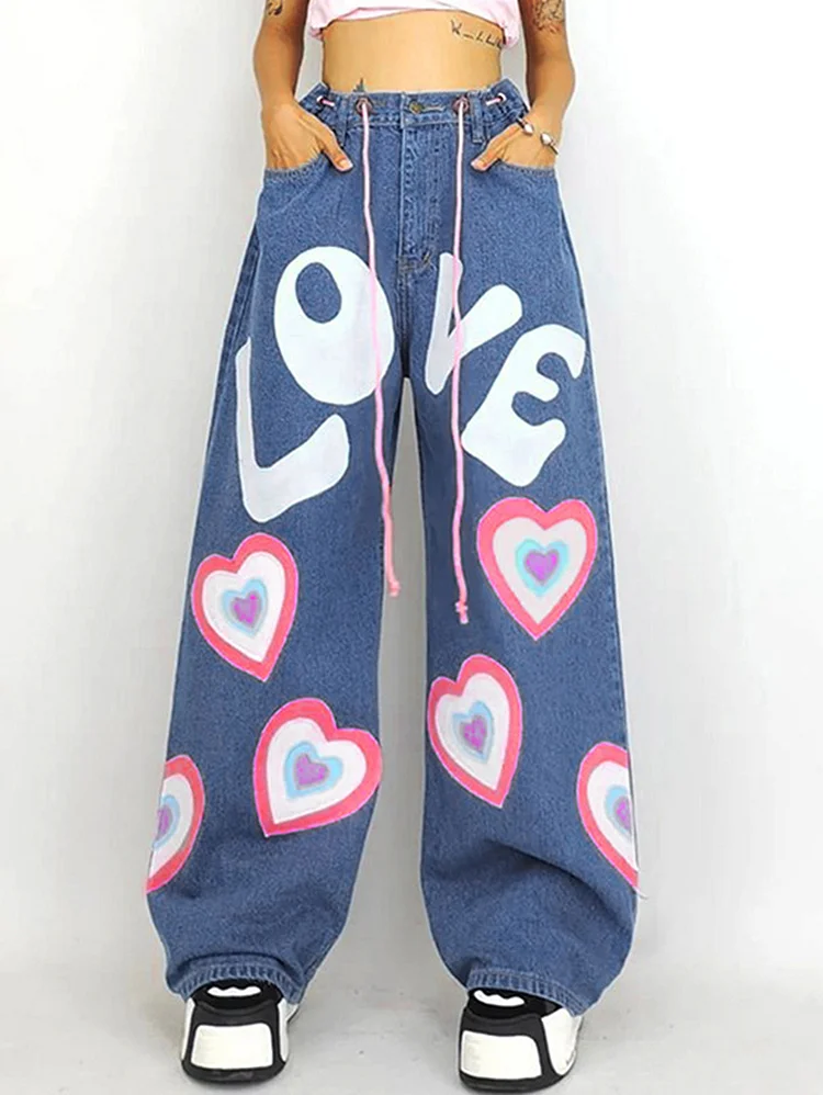 Daily Letter Love Graffiti Pattern Wide Leg Denim Jeans