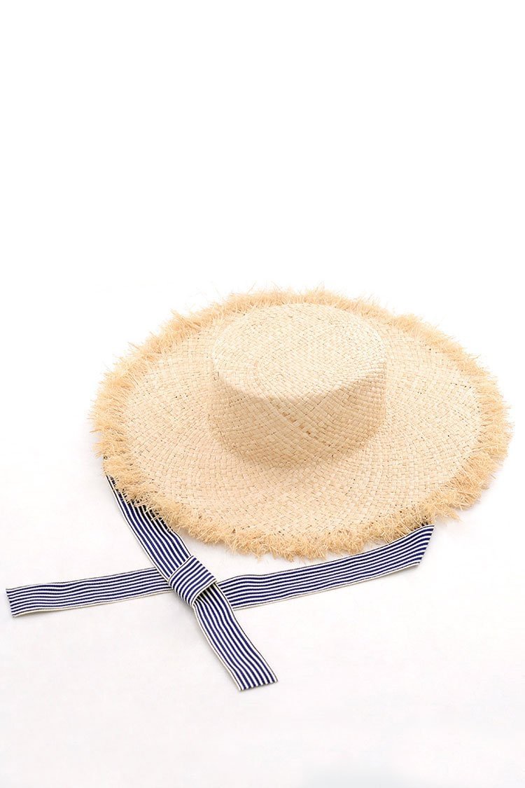 Frayed Stripe Strap Beach Straw Sun Hat - Shop Trendy Women's Clothing | LoverChic
