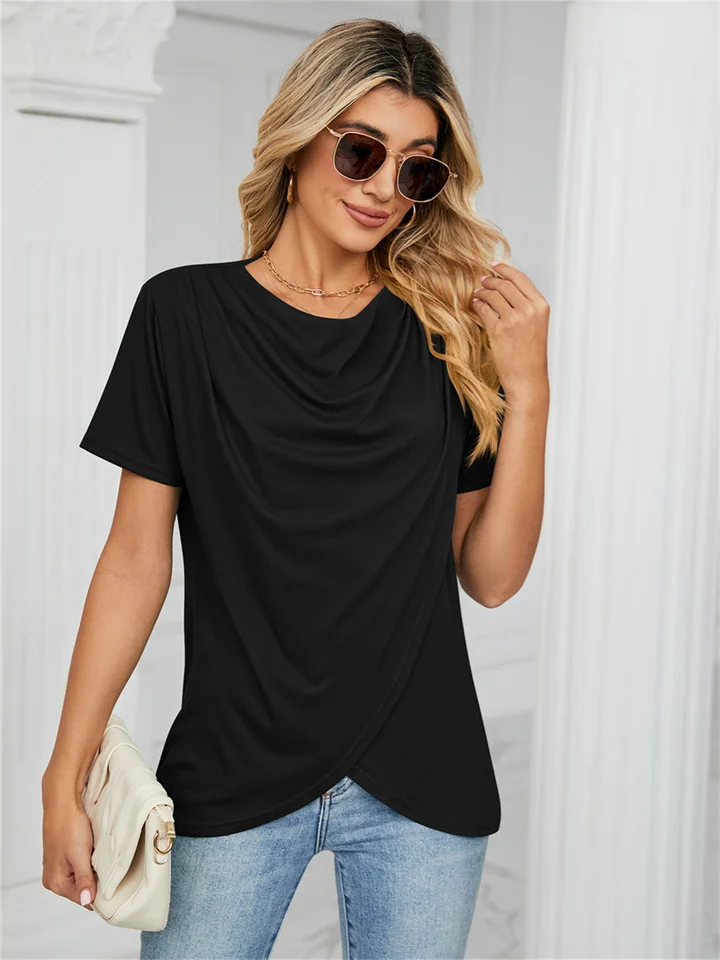 Summer New Solid Color Round Neck Cross Loose Short-sleeved T-shirt Tops Female-Cosfine