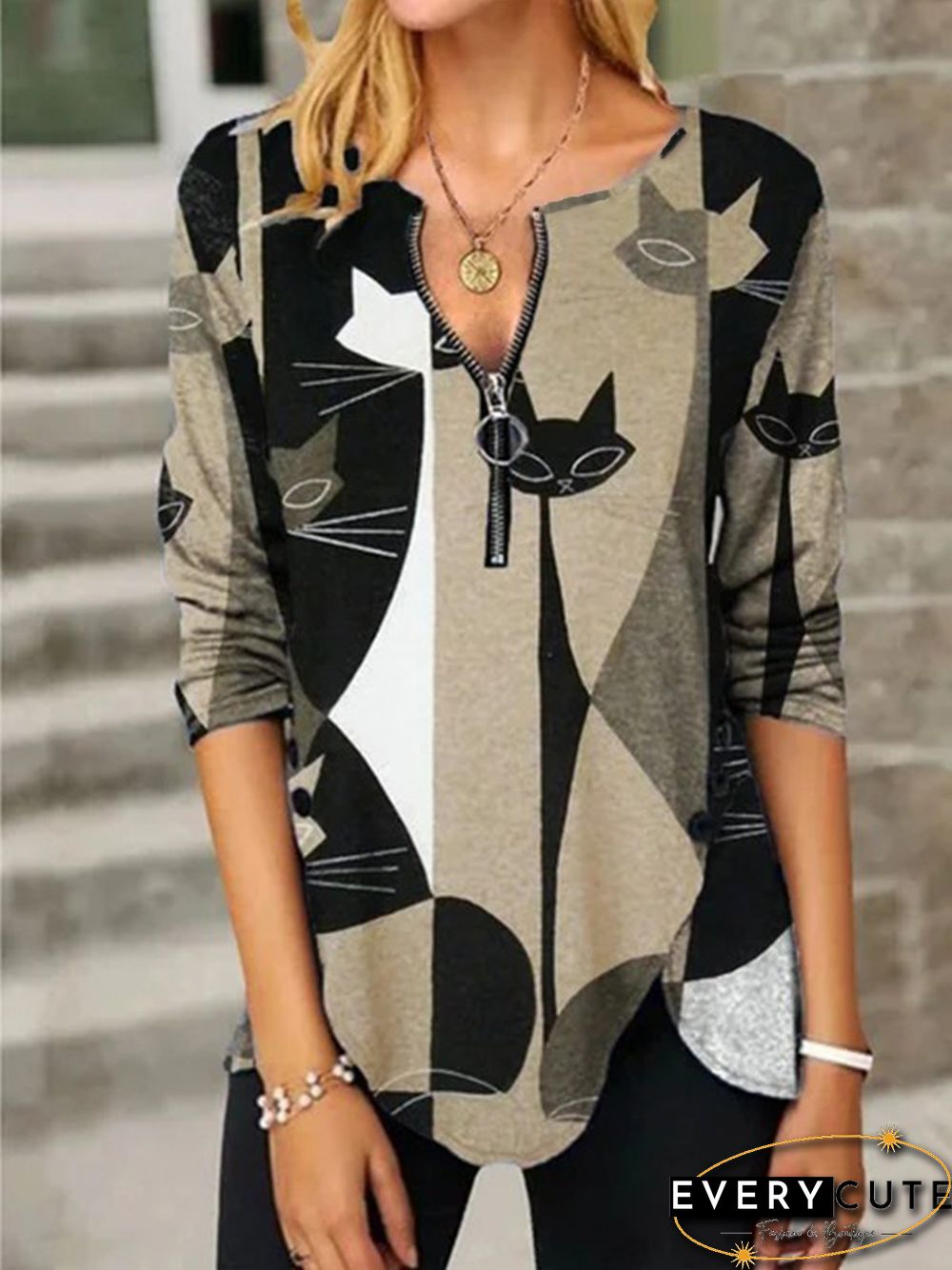 Printed Casual Zipper Long Sleeve Tops