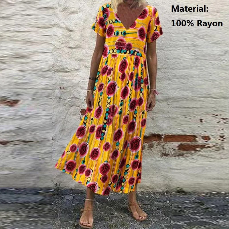 ZANZEA Summer Women Sundress Bohemian Floral Print Beach Maxi Dress Vintage V Neck Short Sleeve Oversized Dresses Kaftan Vestido