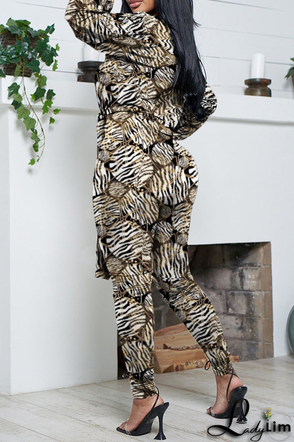 Green Casual Print Frenulum V Neck Long Sleeve Two Pieces