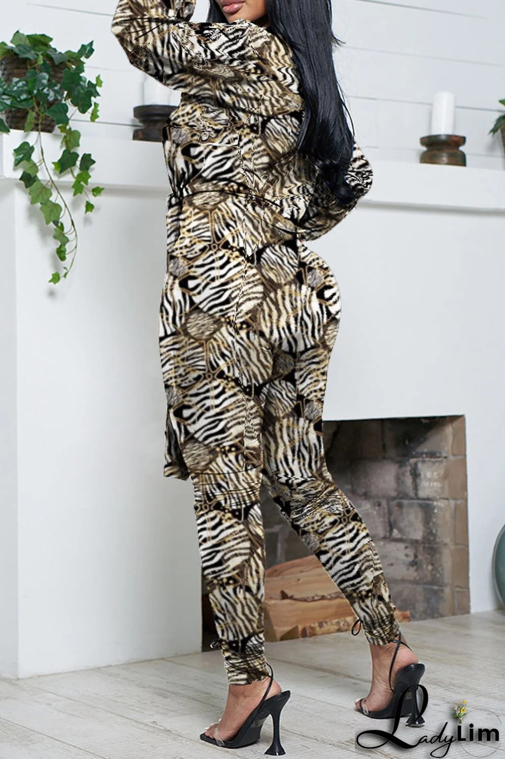 Green Casual Print Frenulum V Neck Long Sleeve Two Pieces