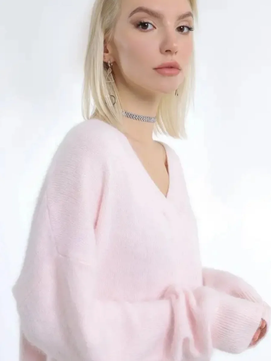 Athvotar Athvotar Autumn And Winter Ultra-Soft V-Neck Imitation Marinish Sweater Female Lazy Style Loose Knitted Sweater