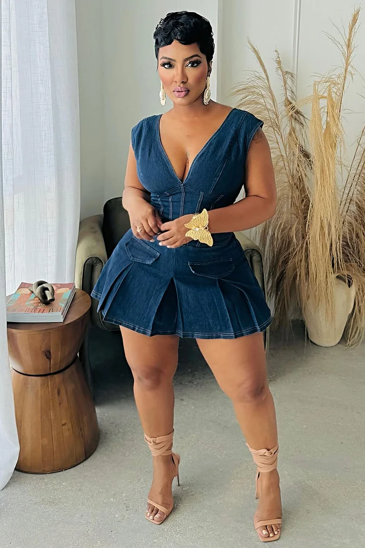 V Neck Sleeveless Corset Pleated Denim Mini Dresses-Blue [Pre Order]