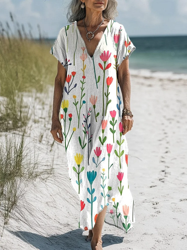 Women's Flowers Art Print Pocket Cotton Dress