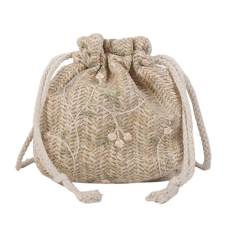 Lace Flower Decor Shoulder Handbags Women Straw Crossbody Bag (Light Brown)