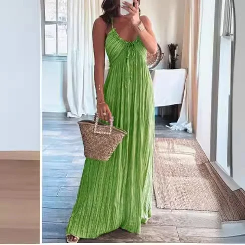 Toloer Toloer Summer New Solid Color Sexy U-Back Collar Strap Back Dress-Outfit Ideas