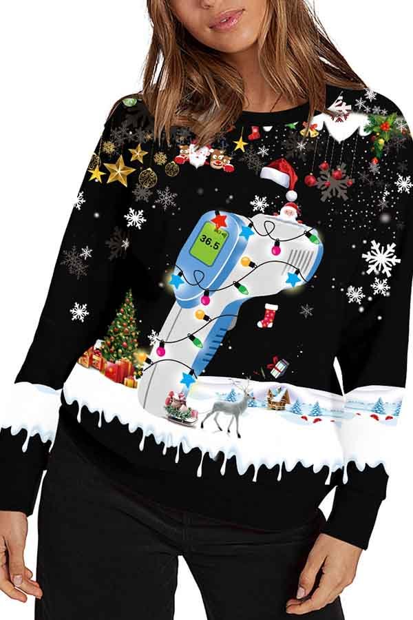 Christmas Santa Claus Print Long Sleeve Pullover Sweatshirt Dull Black-elleschic
