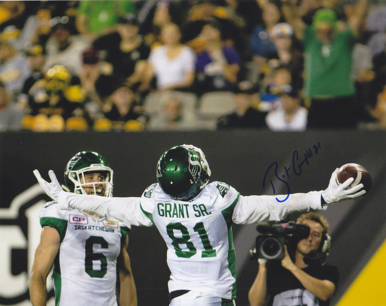 BAKARI GRANT JR SIGNED AUTOGRAPHED SASKATCHEWAN ROUGHRIDERS CFL 8X10 Photo Poster painting