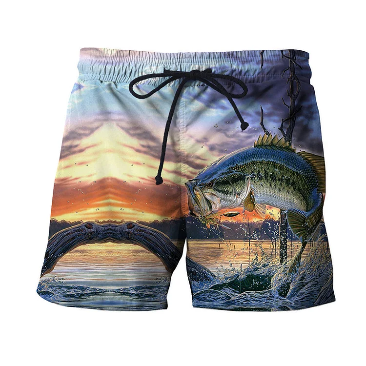 Men Fishing Print Drawstring Waist Swim Trunks-Annaletters