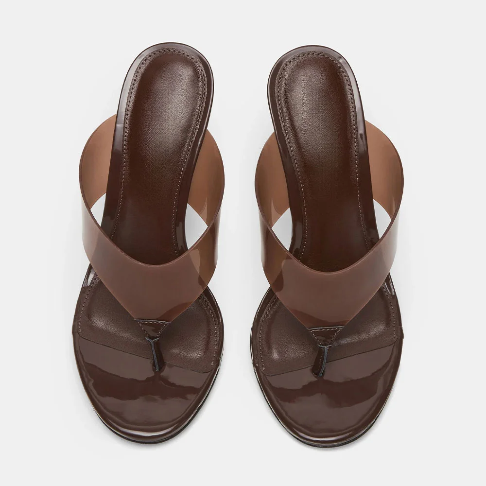 Brown Round Toe Stiletto Heel Flip Flops Clear Slip On Mules Shoes