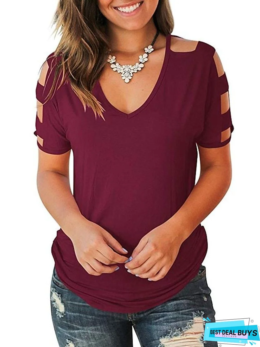 T-Shirts Cute Rayon Tops Cut Out Shoulder Tees Blouses