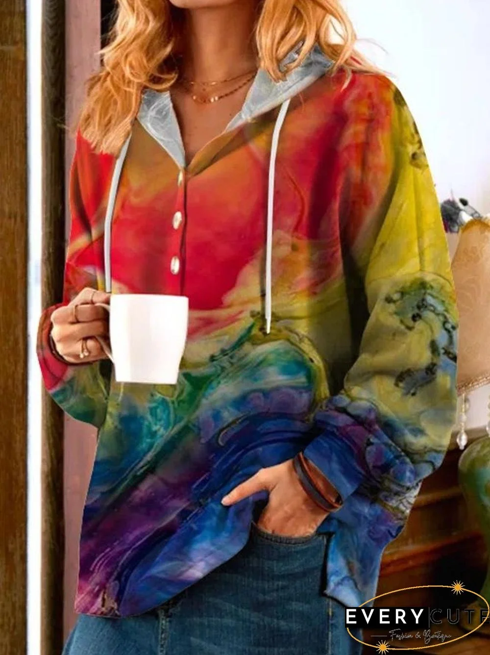 Button Decorated Printed Top With Hat