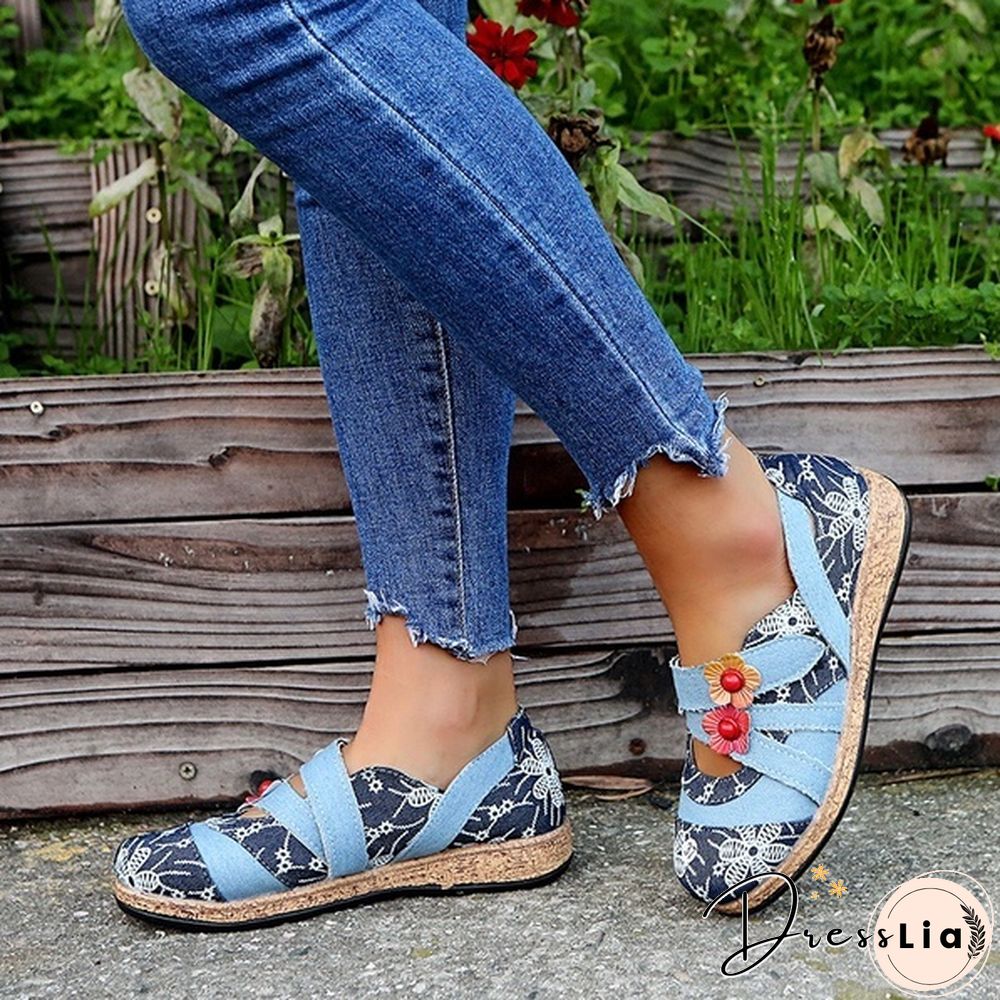 Womens Retro British Floral Leather Sandals Color Stitching Shackles Stripes 
